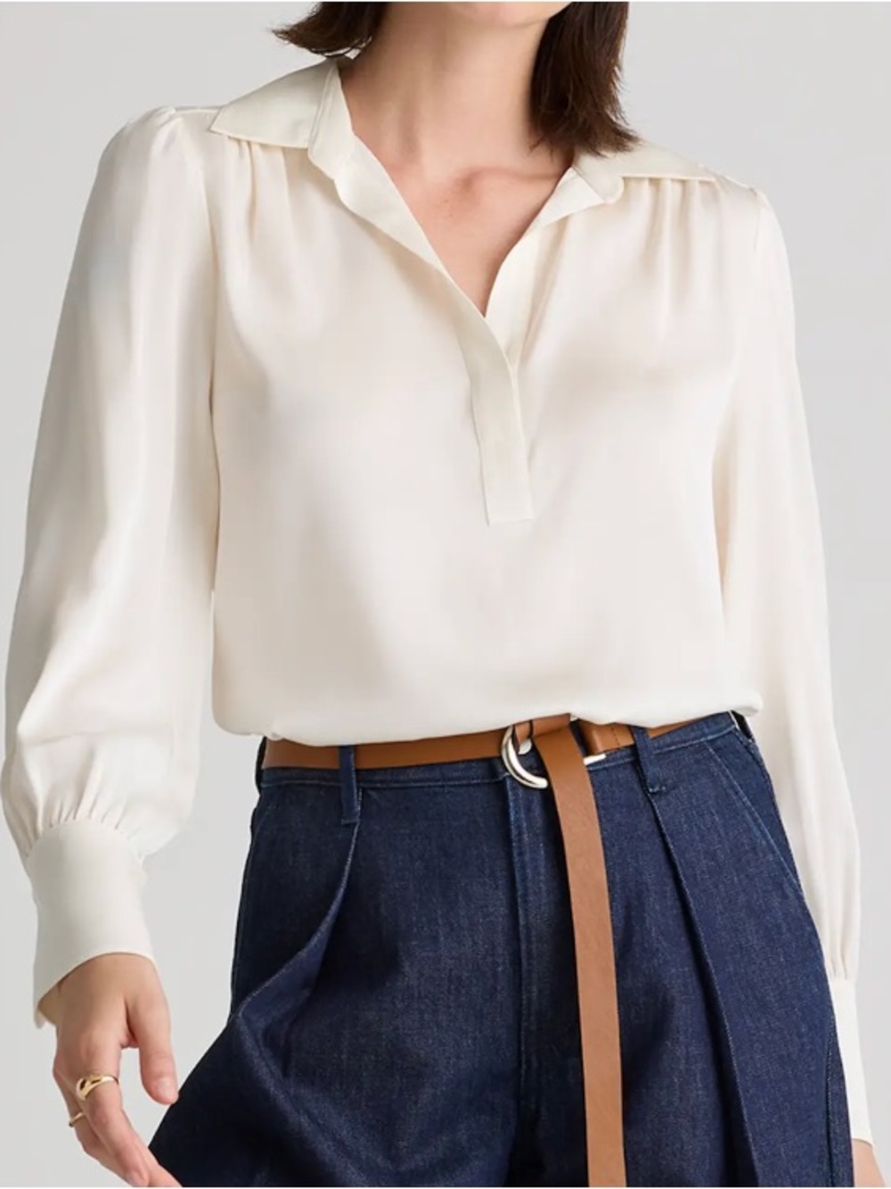 Quince Ivory Washable Silk Stretch Split Neck Popover Blouse Top L Minimalist